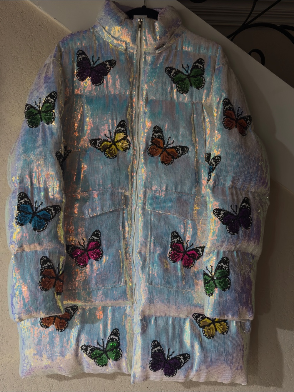 QUEEN OF SPARKLES Iridescent Sequin Butterfly puffer Jacket - White